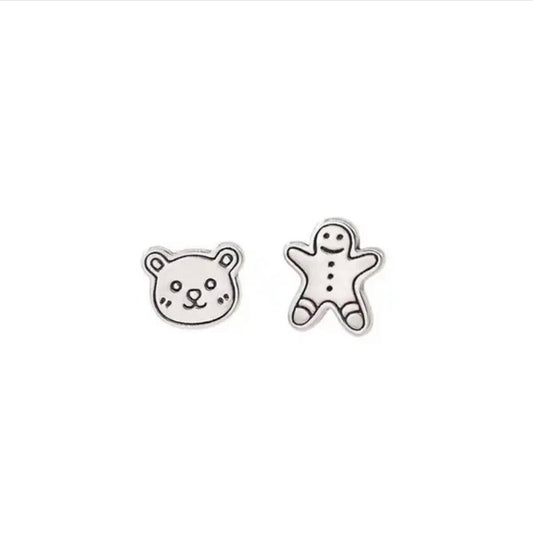 Sterling Silver Mismatched Bear and Gingerbread Man Stud Earrings