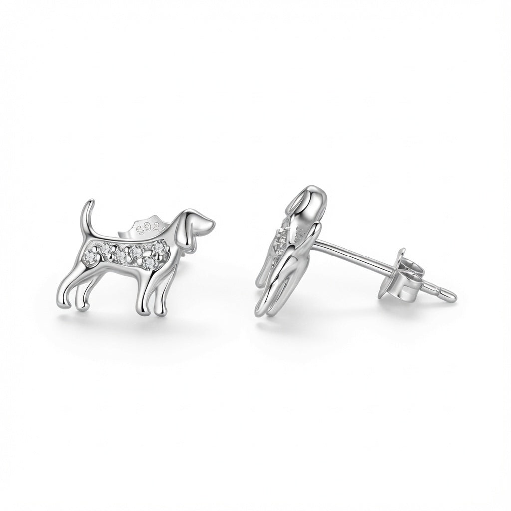 White gold plated 925 sterling silver dog stud earrings shown from the side, highlighting the CZ stones and S925 stamp