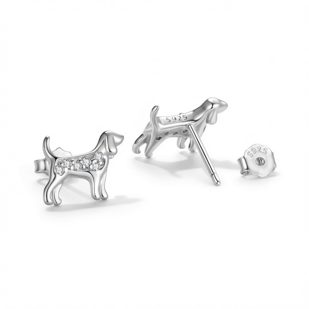 Reverse view of white gold plated over 925 sterling silver dog stud earrings showing the post, butterfly back and S925 hallmark