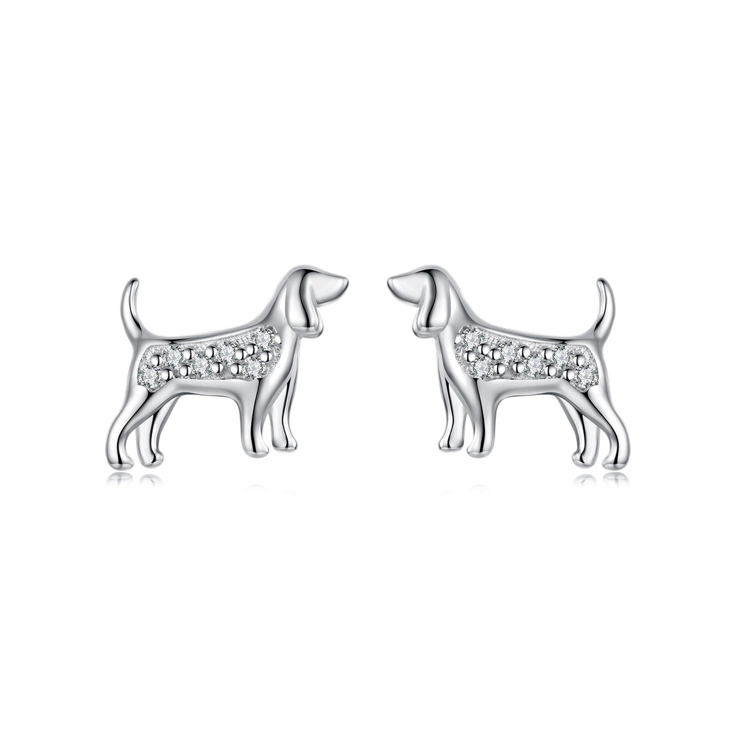 Pair of white gold plated over 925 sterling silver dog stud earrings with sparkling cubic zirconia stones, front view