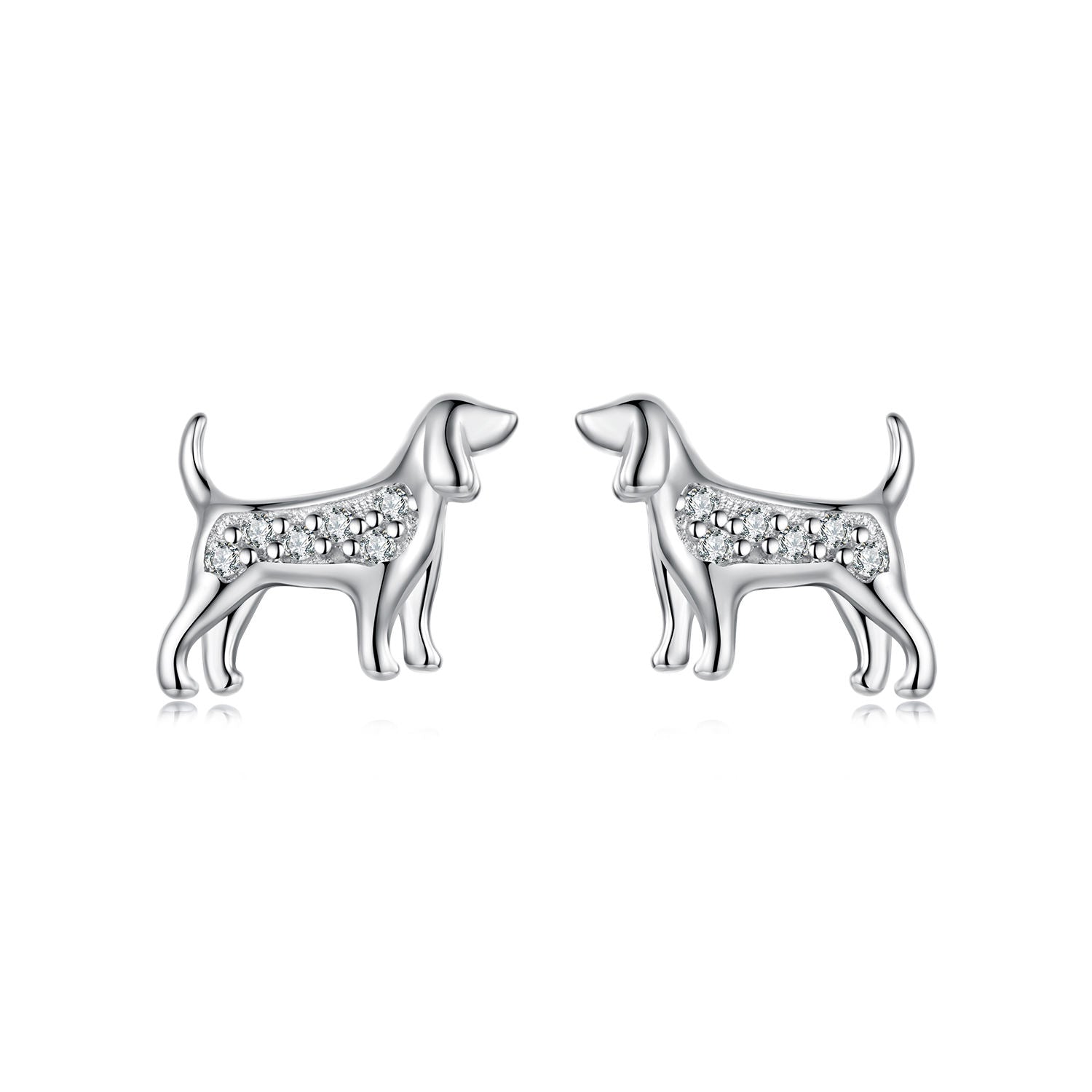 Pair of white gold plated over 925 sterling silver dog stud earrings with sparkling cubic zirconia stones, front view