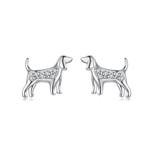 Pair of white gold plated over 925 sterling silver dog stud earrings with sparkling cubic zirconia stones, front view